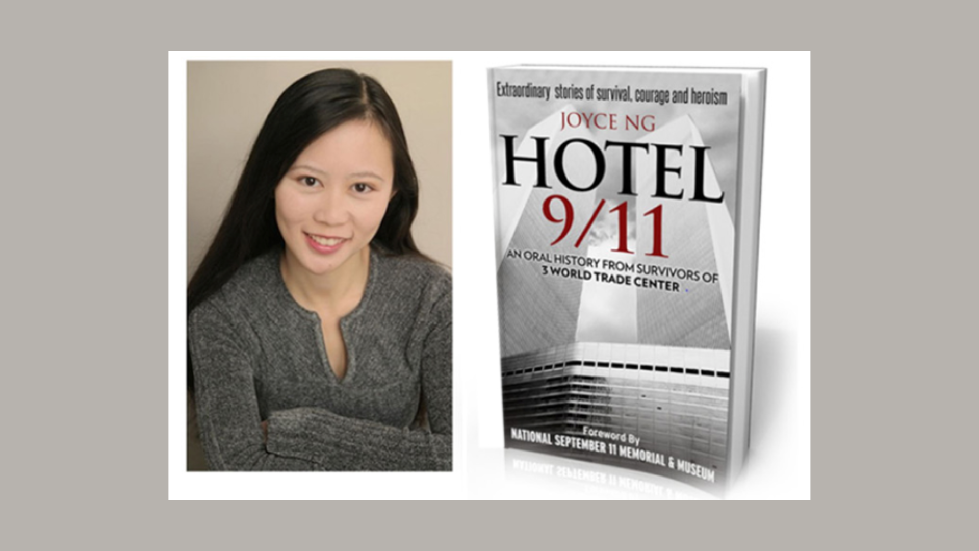 Headshot of the author, a woman with long dark hair wearing a gray sweater (left); cover of a book entitled "Hotel 9/11" (right)