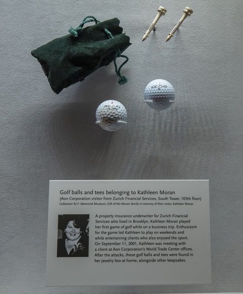 Kathleen's golf balls and tees are currently on display in the Museum’s In Memoriam gallery. Photo by Jin Lee, 9/11 Memorial.