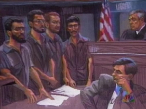Courtroom drawing of US v. Salameh, 1994 Drawings by Christine Cornell.