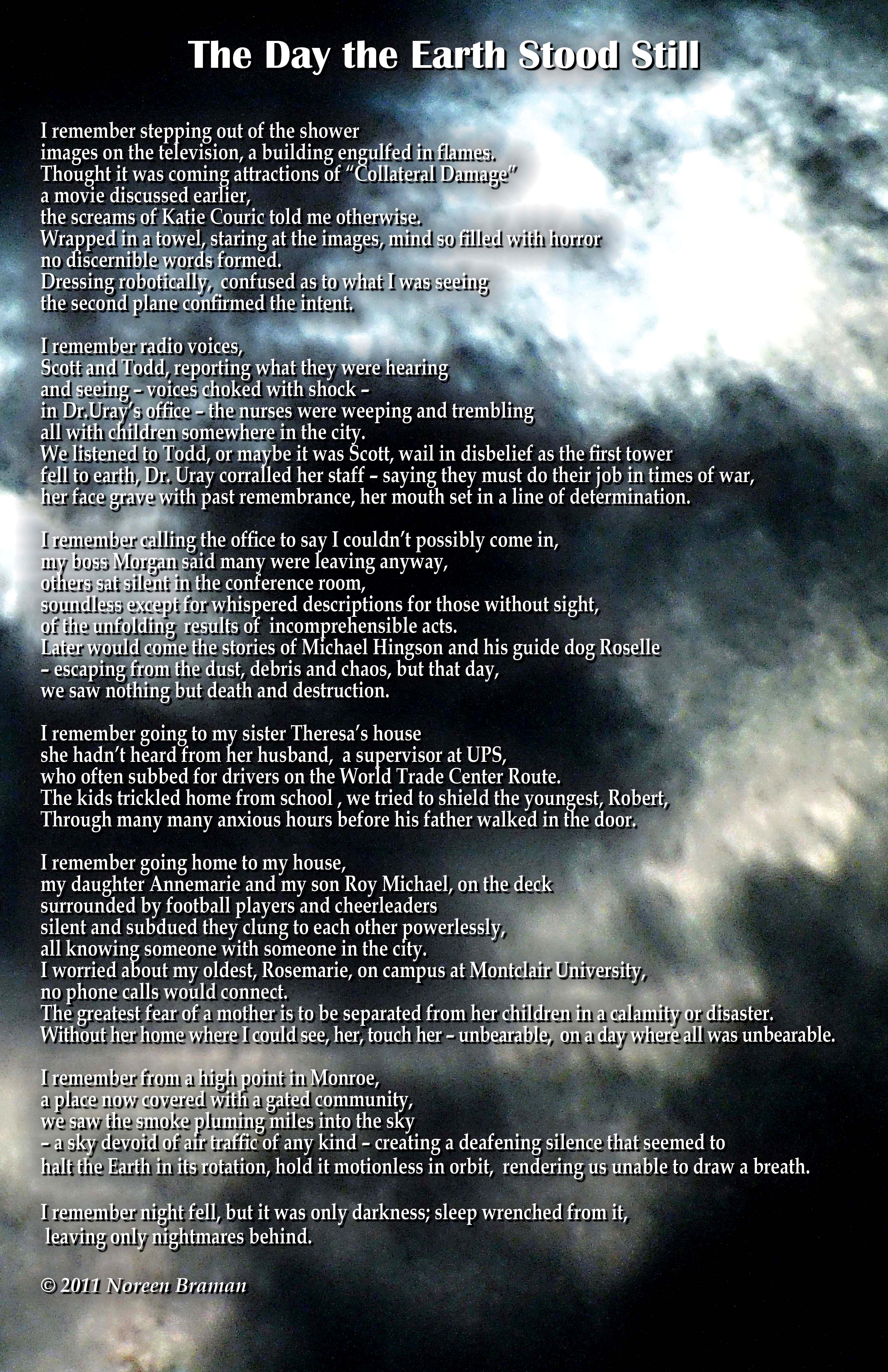 A first person narrative poem, written over a sky of blackened clouds and smoke. Text of the poem can be read at https://link.medium.com/ZD206b4aT9 