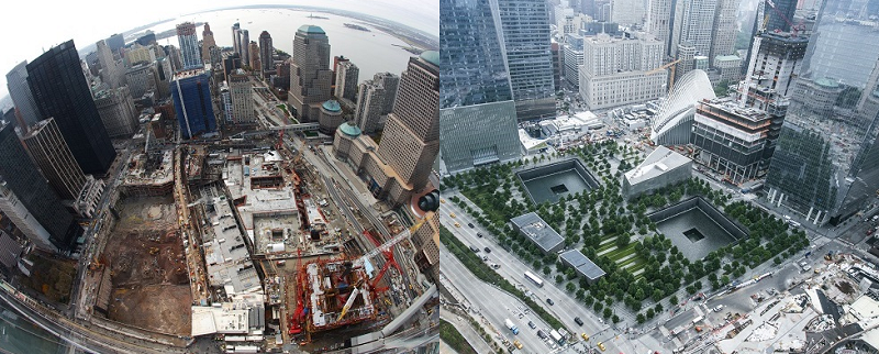 Two side by side images show Memorial plaza in 2009 and 2018. In the older photo, the Memorial is under construction and One World Trade Center has yet to be built. In the more recent photo, the Memorial is complete and One World Trade Center is seen standing in the background.