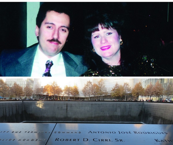Robert D. Cirri is seated next to his wife Eileen on their engagement date. An image below shows Cirri’s name on the 9/11 Memorial.