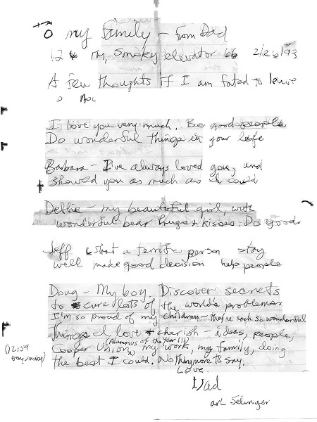 A scanned image shows Carl Selinger’s handwritten letter to his loved ones. It begins “to my family, from dad” and ends with, “love dad.”