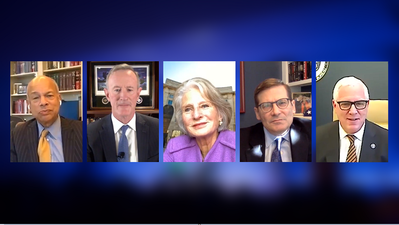 A composite image on a blue background of five public program participants on a Zoom call.