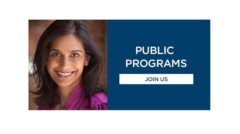 A composite image features a professional headshot on the lefthand side and text to the right that reads, "Public Programs, Join Us."