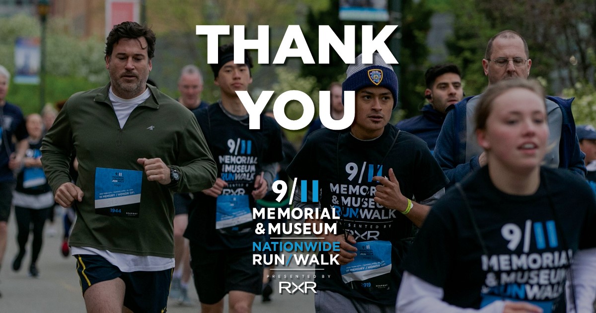 A photo of a group of people running in a previous 5k overlaid with a "Thank You" message.