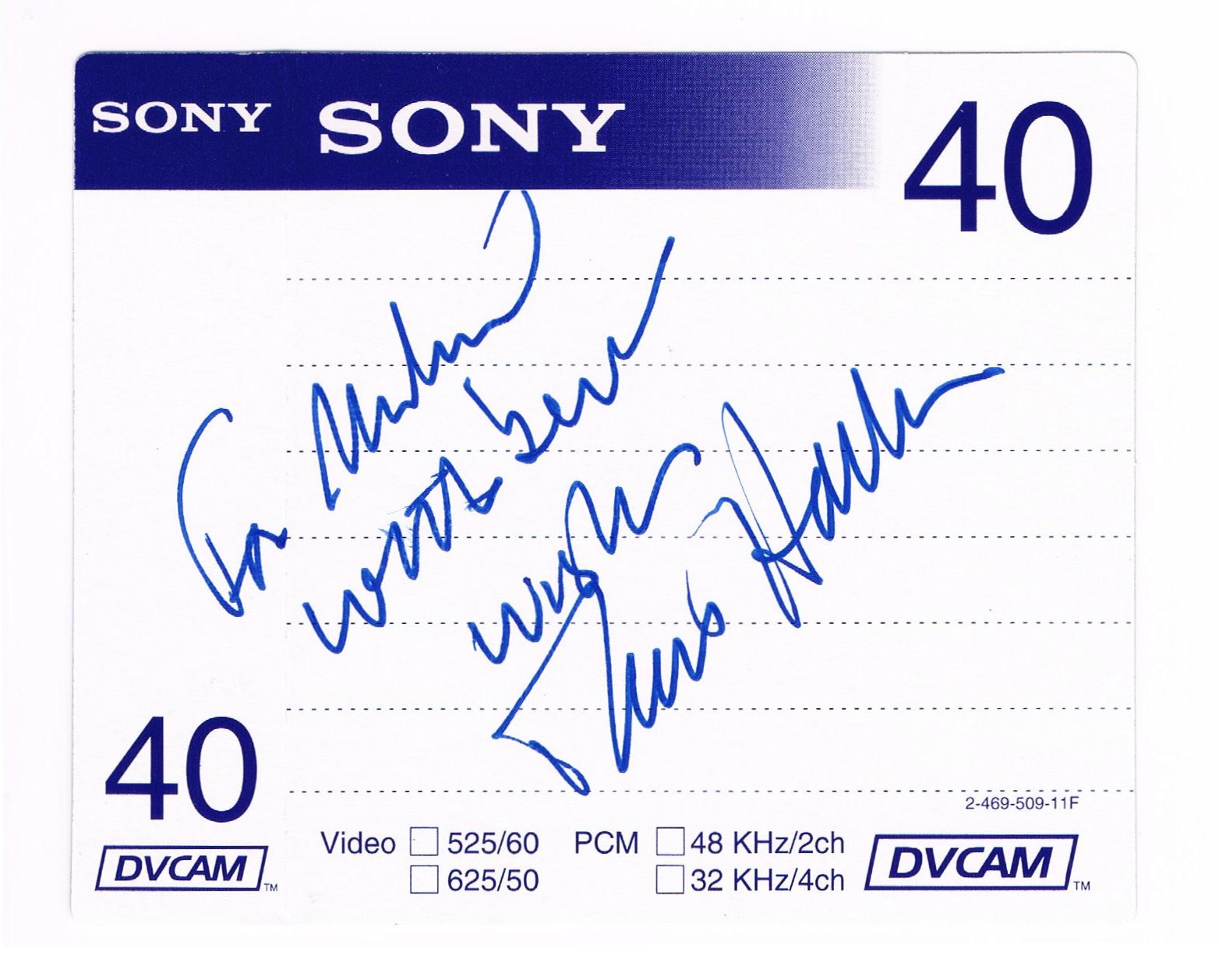 Blue ink autograph of David Halberstam on a VHS videotape label