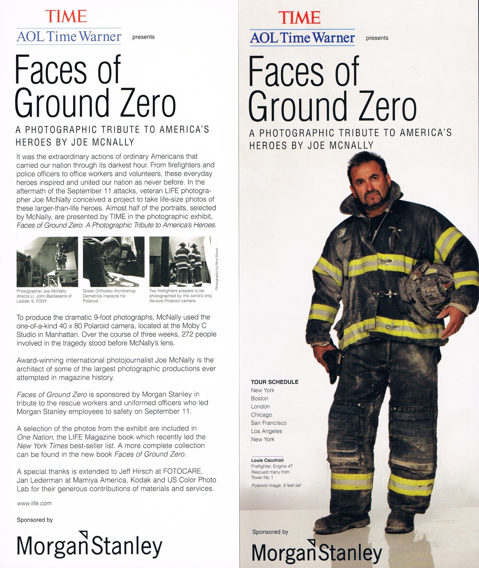 A bi-fold brochure shows a fireman holding his helmet on the left, and black ink on white paper on the left.