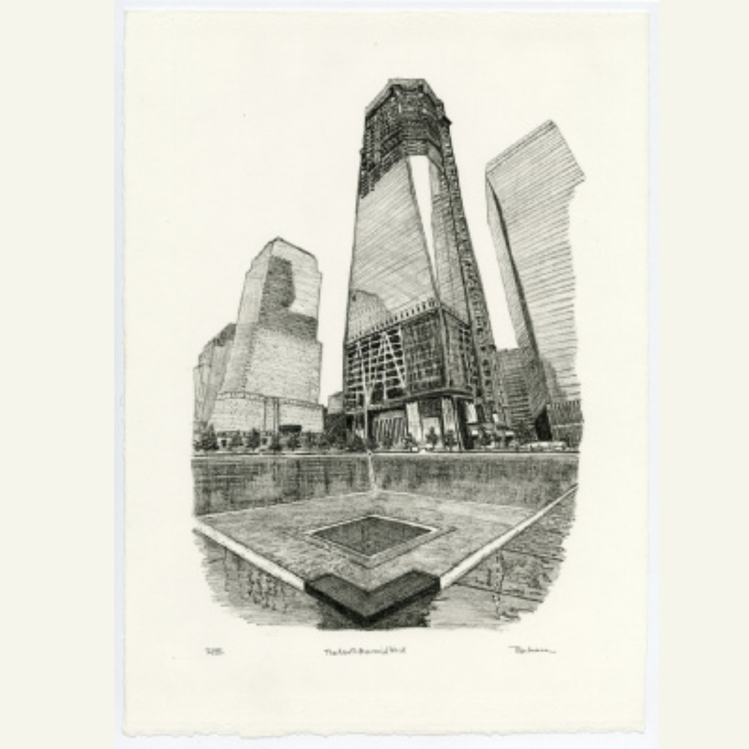 Artist rendering of One World Trade with Memorial pool in the foreground