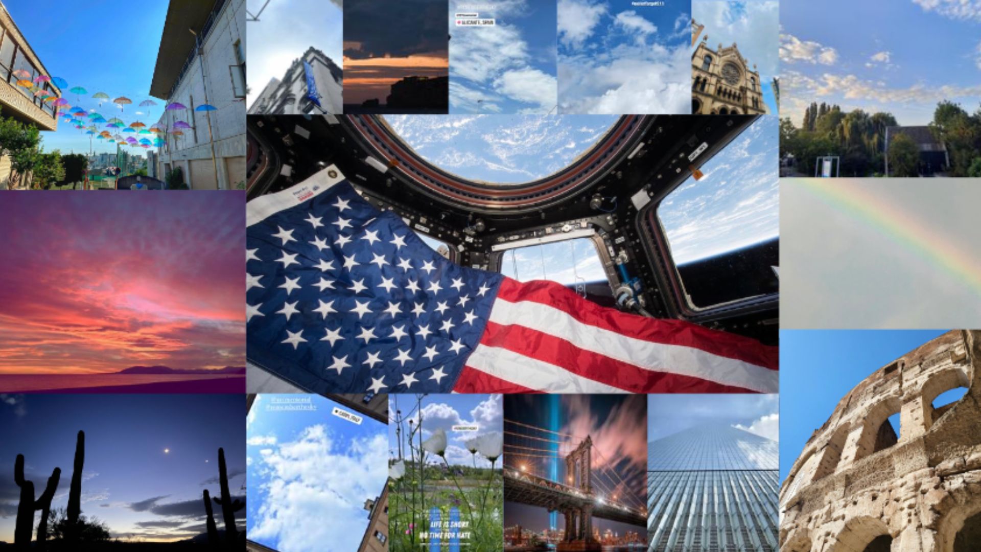 Collage of skies around the globe on September 11, with an American flag at center