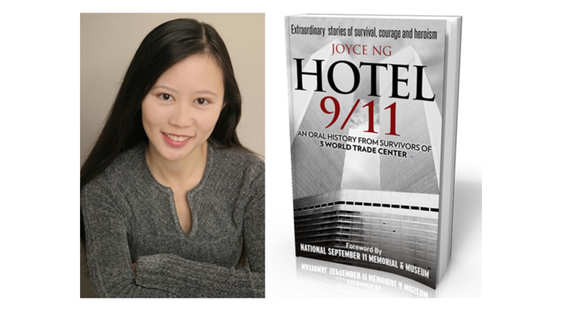 Headshot of author Joyce Ng, left, next to the cover of her book Hotel 9/11, against a white background