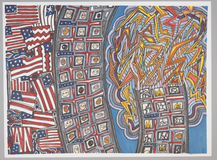 A dynamic, geometric colored marker drawing. The left side contains a patchwork arrangement of American flags, some with zig-zag or irregular stripes. Next is a Twin Tower with a grid of windows, each featuring an abstract face in varying skin tones. On the right is another tower, aflame with zig-zagging lines. The windows in this tower are cracked.