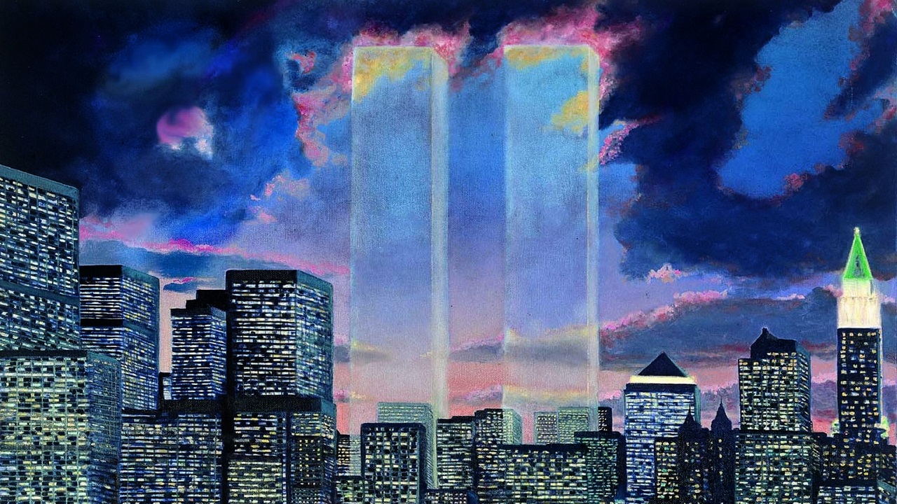 A painting features translucent Twin Towers against a black and dark blue sky. The Twin Towers are surrounded by neighboring buildings of lower Manhattan, lit up at night.