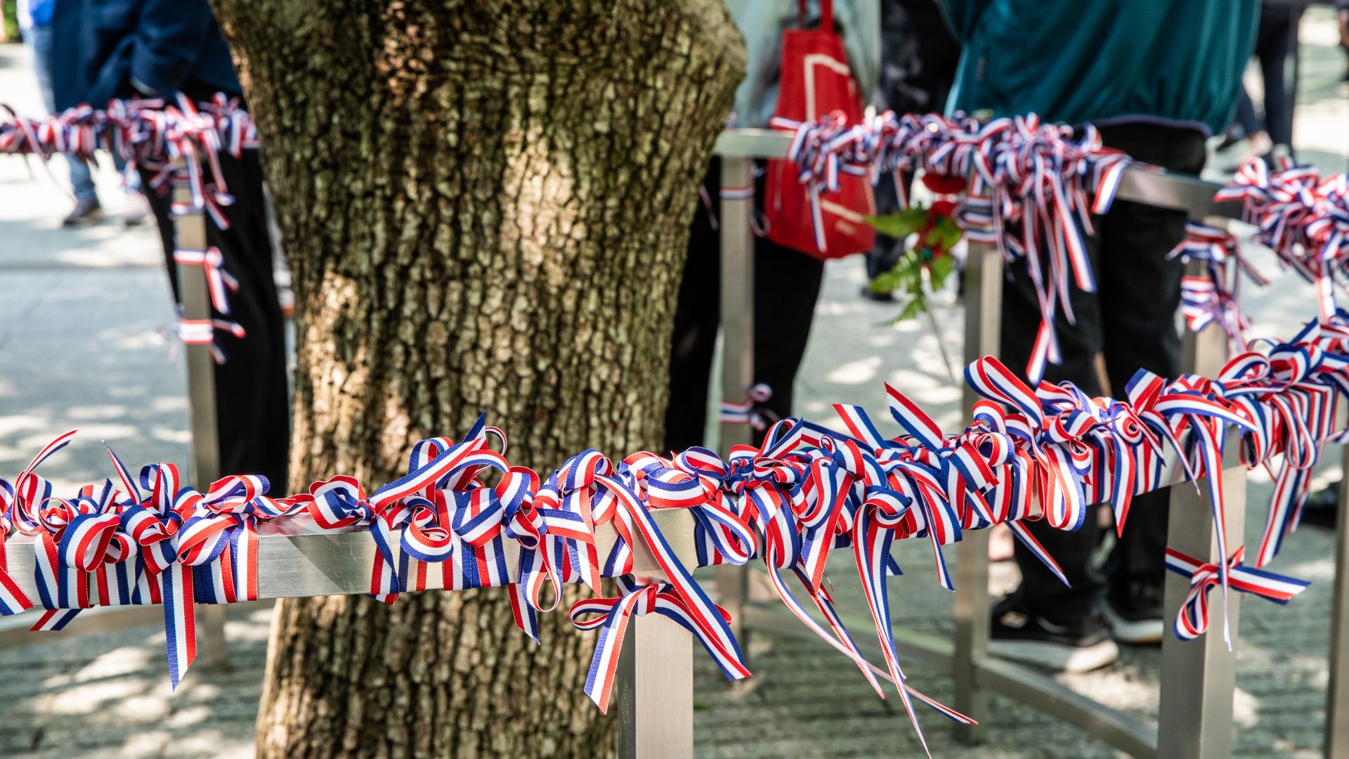American flag ribbons tied along the railing of the Survivor Tree