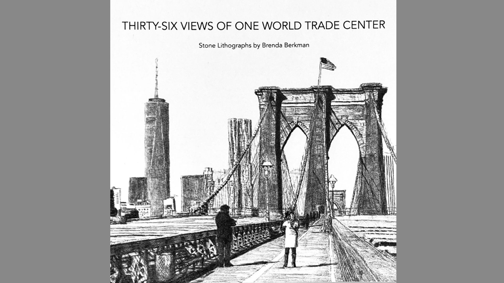 Artist rendering, in black and white, of the Brooklyn Bridge with the lower Manhattan skyline behind it