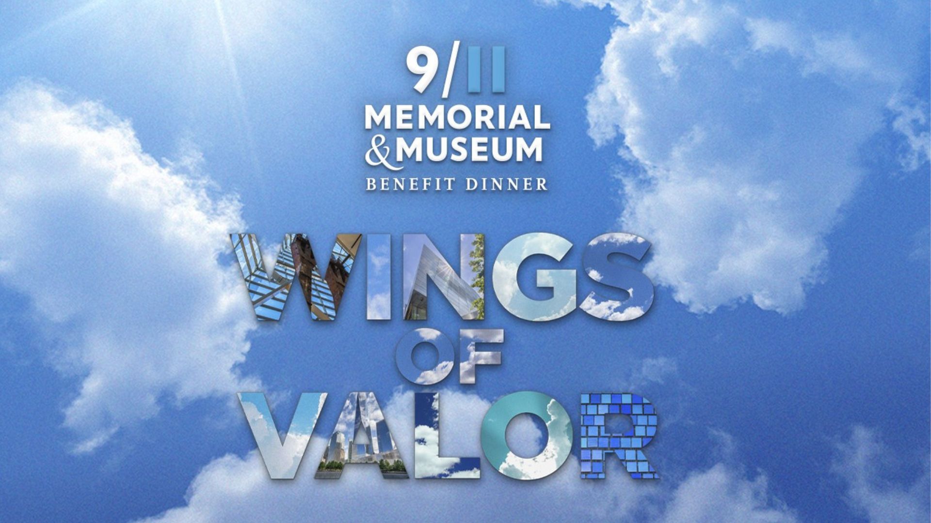 The 9/11 Memorial & Museum logo is set against a blue sky populated with white clouds. Underneath the logo, text reads Wings of Valor, and those letters are comprised of small photographs.