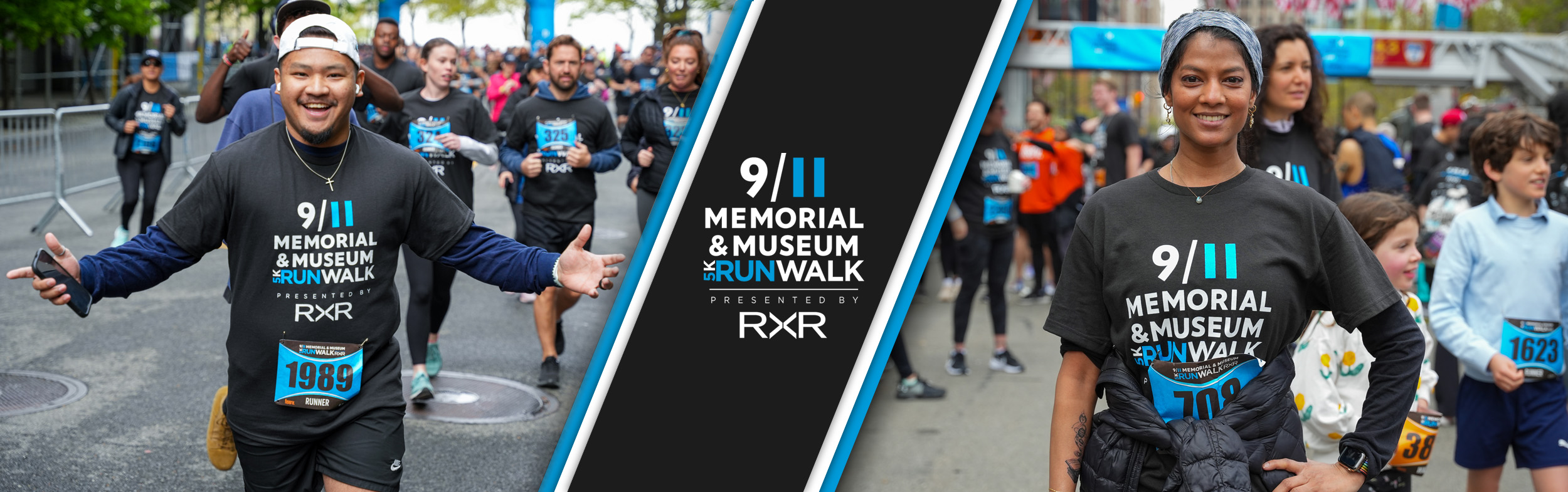 On the left, a smiling runner in a backwards baseball cap with his arms stretched open. In the center, the 9/11 Memorial & Museum 5K logo. On the right, a smiling runner in a headband and a jacket tied around their waist poses with one arm on their hip.