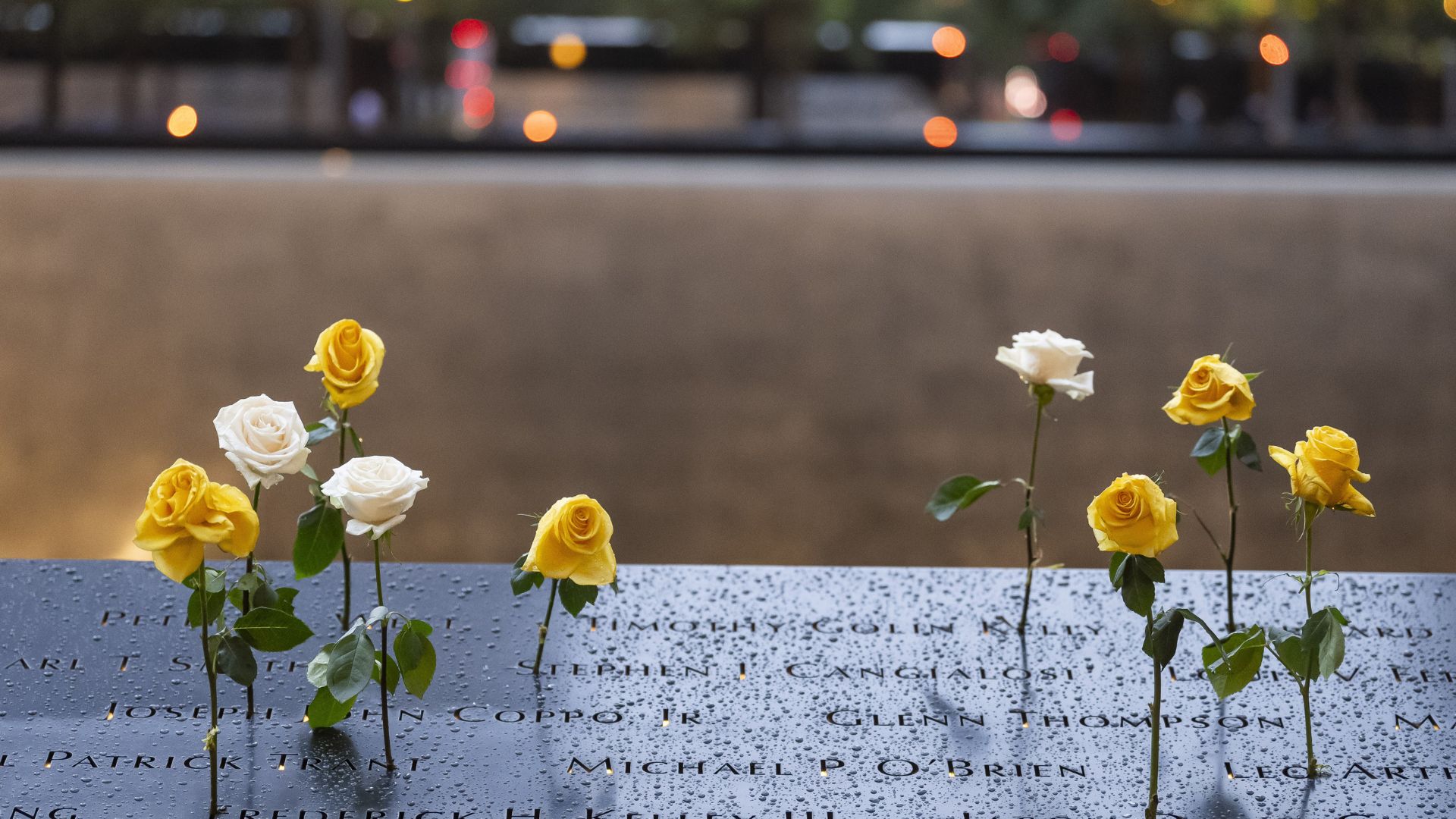 White and yellow flowers whose stems are placed in the names of victims engraved on a 9/11 Memorial parapet.