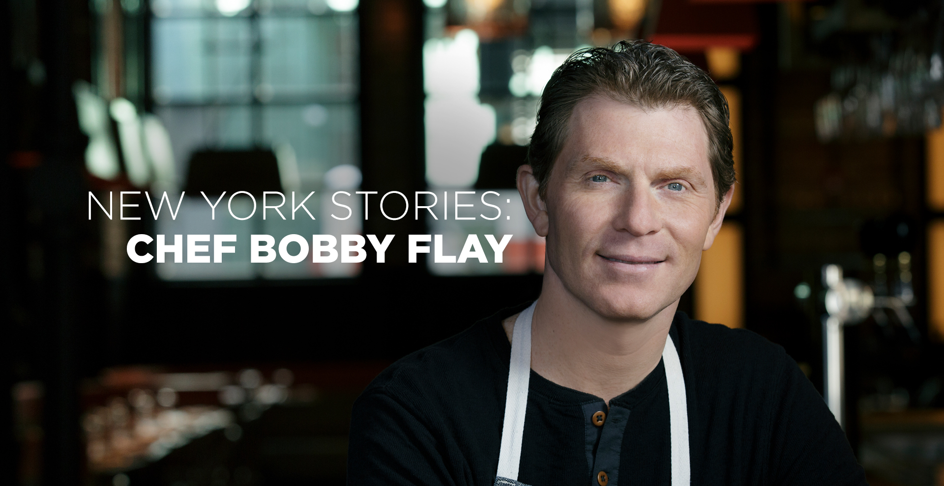 Bobby Flay May 14 at 6 pm over a photo of Bobby Flay in a black shirt and white apron, smiling in a kitchen