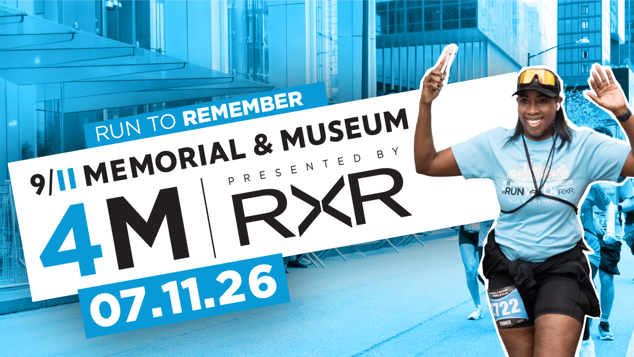Corporate race logo, with a female runner in lower right corner, smiling and raising her arms