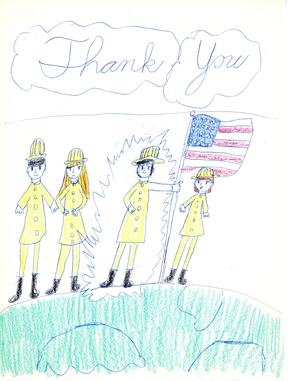  child’s drawing depicts four firefighters dressed in yellow. One of them is holding a large American flag. The words “thank you” are written above them.