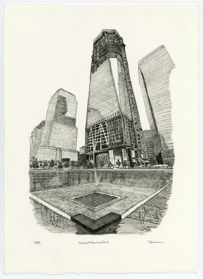 Artist rendering of North Memorial Pool with One World Trade still under construction