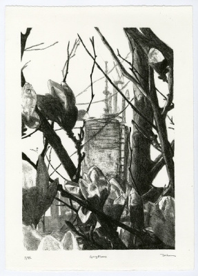 Artist rendering of the top of One World Trade obscured by branches and spring buds