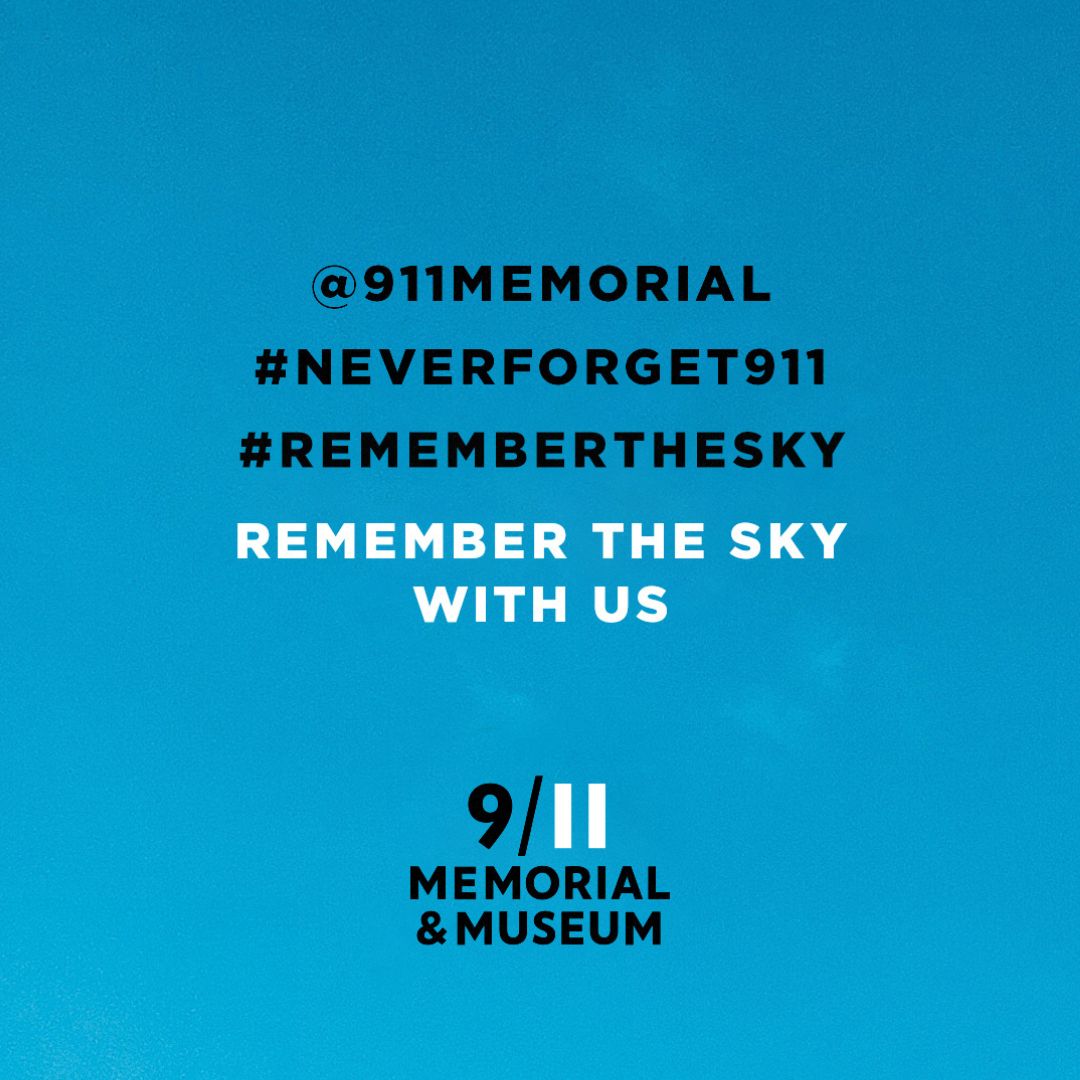 Black and white text on a blue background, with the 9/11 Memorial & Museum logo