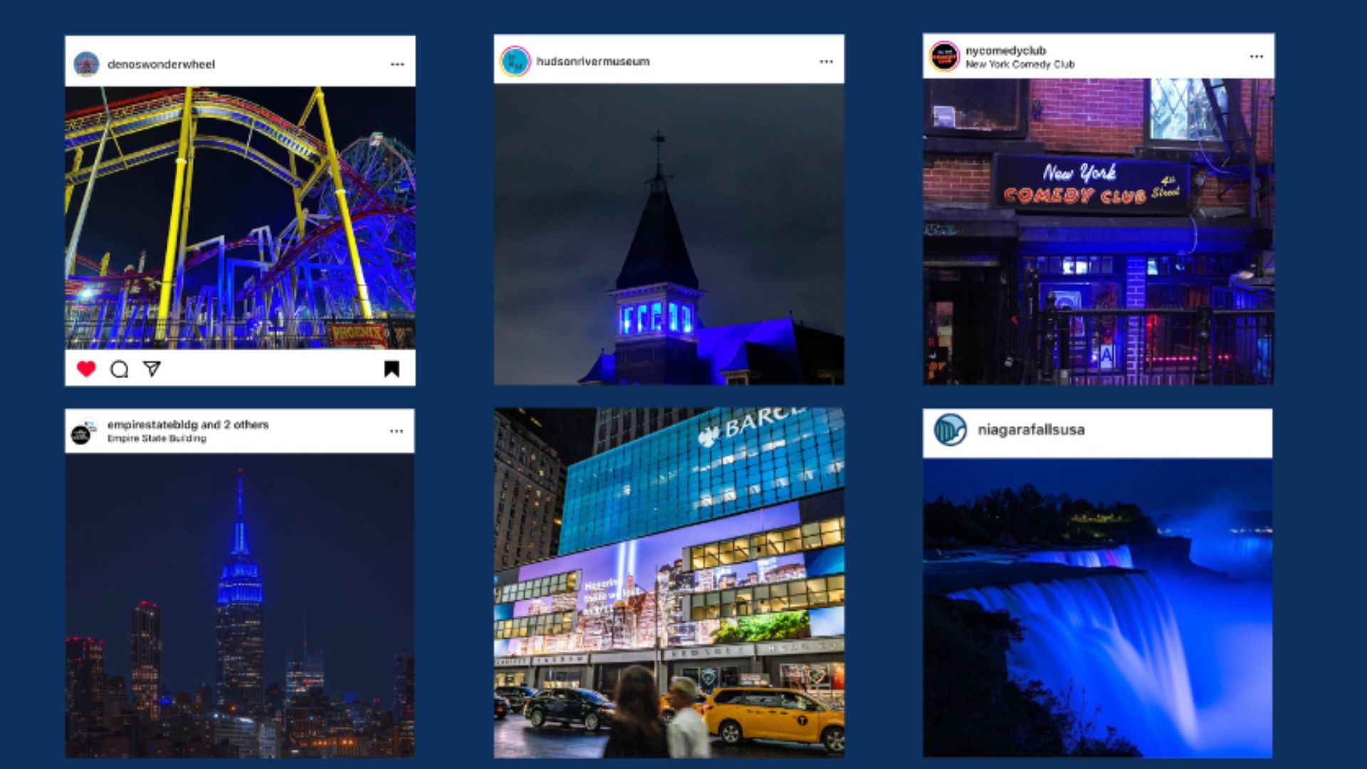 Six images of buildings and landmarks illuminated in blue