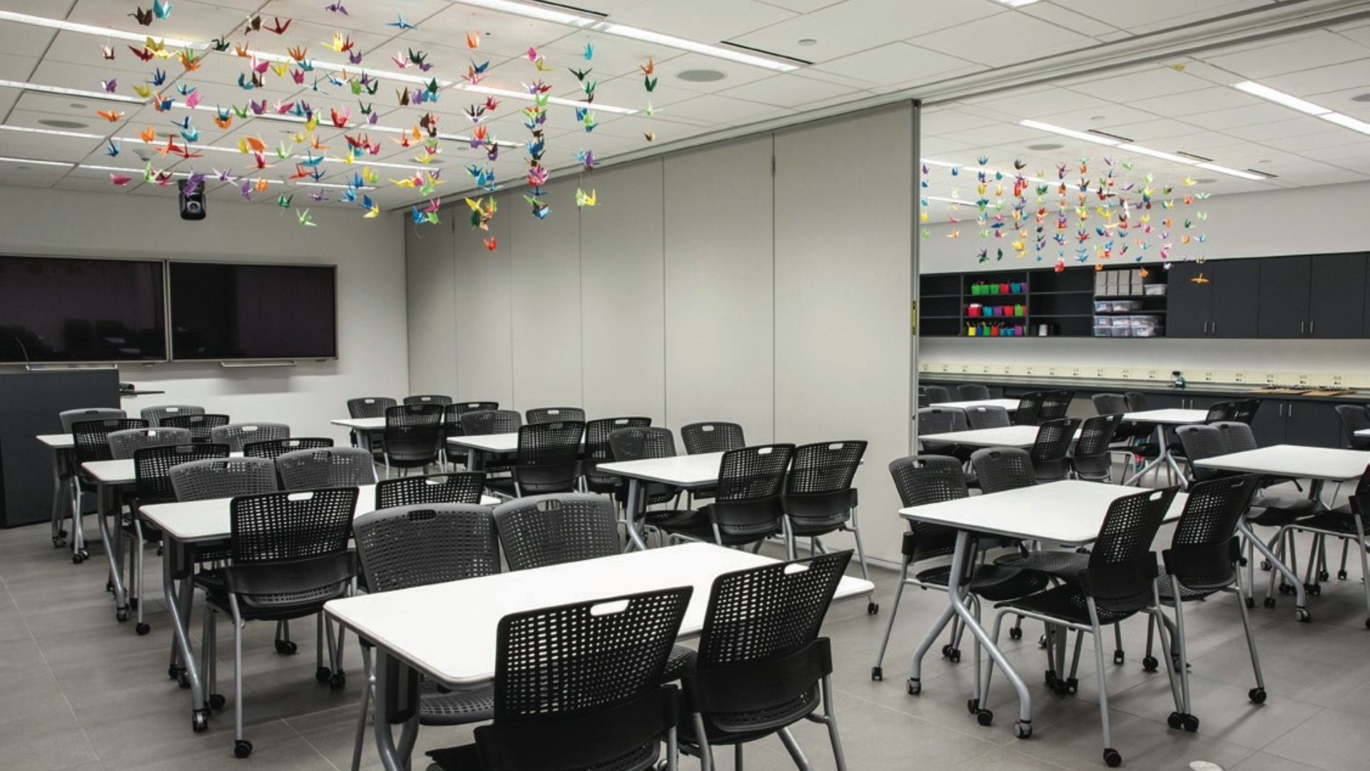 Classroom A and B with the partition wall slightly open to show both spaces