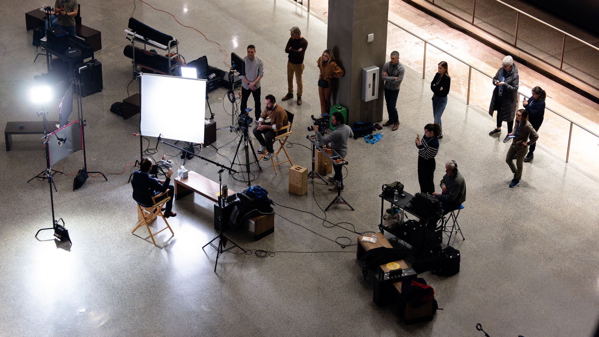 Aerial view looking down at Foundation Hall, where a film shoot is taking place.