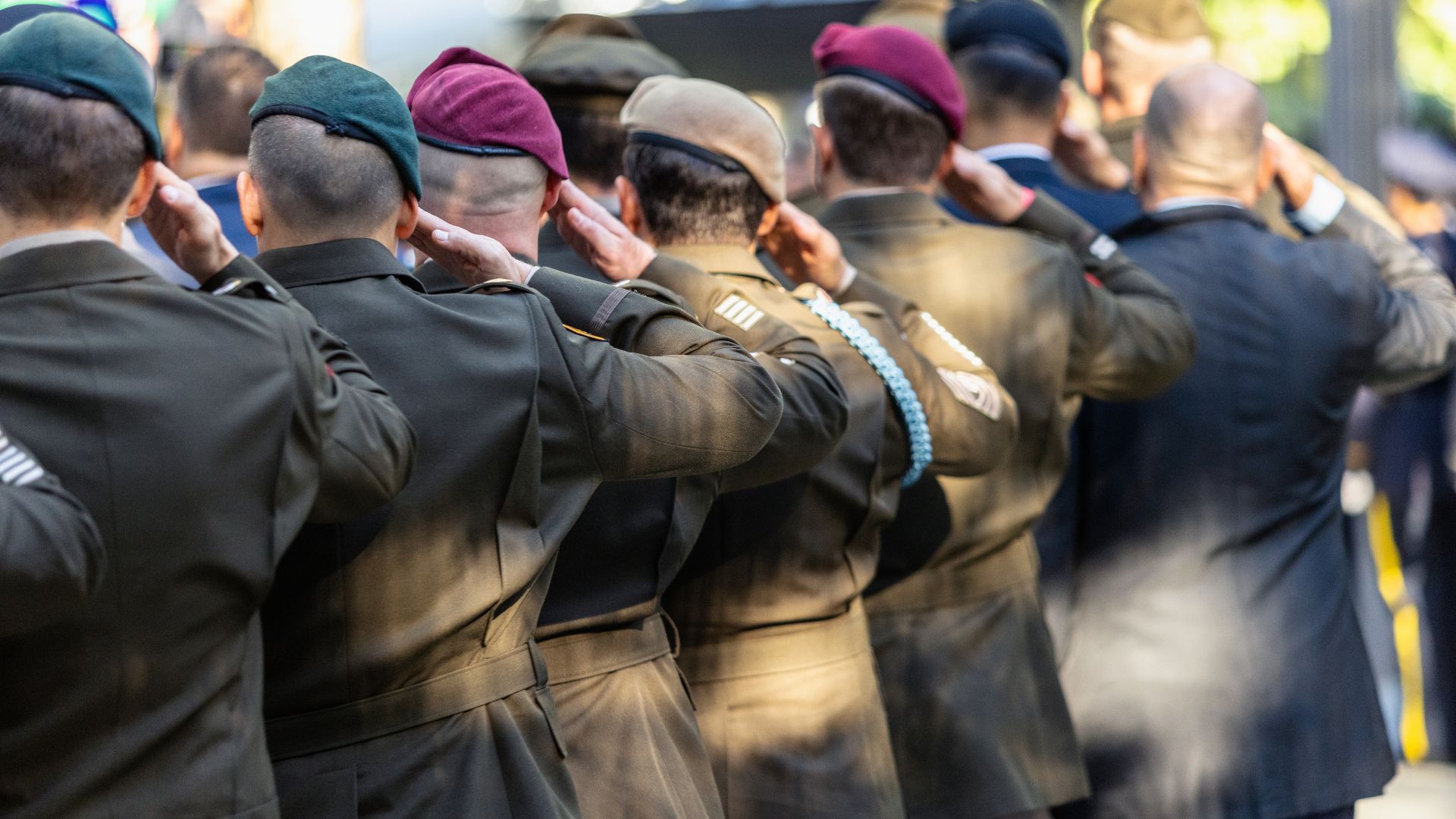 Back view of a crowd of military members saluting on the Memorial Plaza.