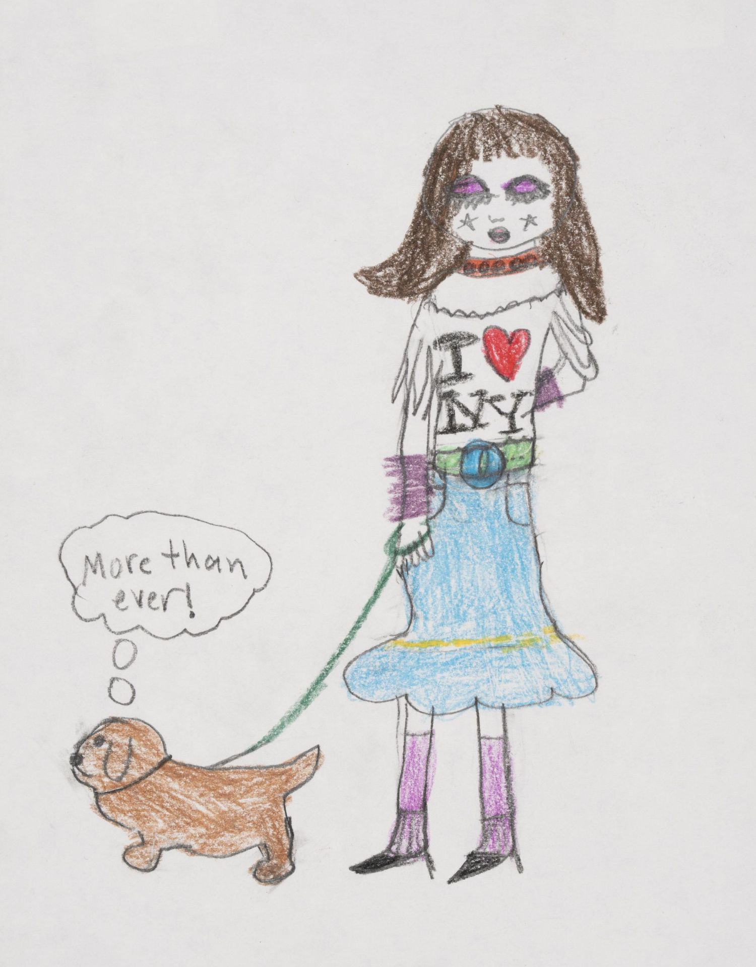 a drawing of a girl in an I-HEART-NY shirt walking her dog. The dog has a thought bubble over its head that says: now more than ever.