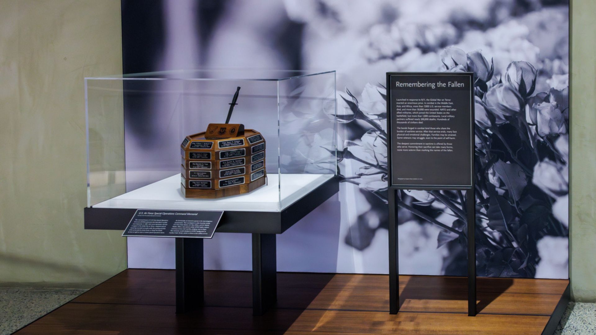 Plaques in a military-themed installation on display