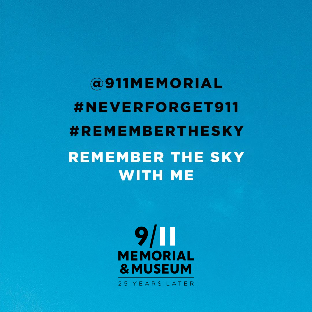 Black and white text on a blue background, with the 9/11 Memorial & Museum logo
