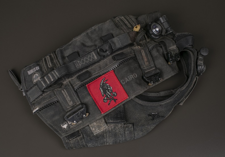 Black dog combat vest with a red patch on it. 