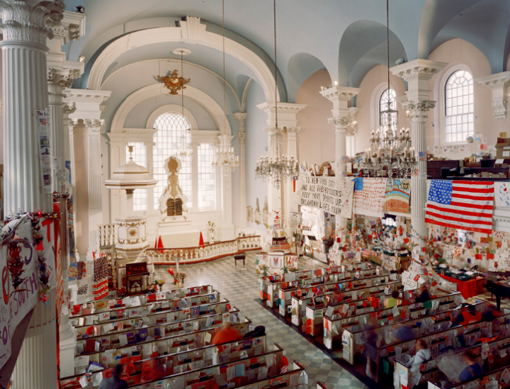 The interior of St. Paul’s Chapel, decorated with banners, drawings, and thank-you cards sent to recovery workers. 