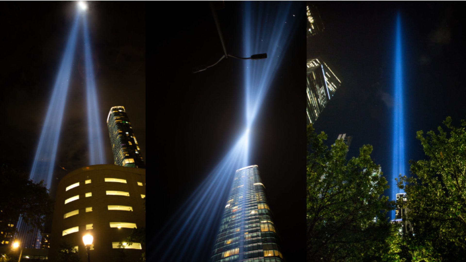 Three photos of the Tribute in Light installation illuminating a dark blue sky 
