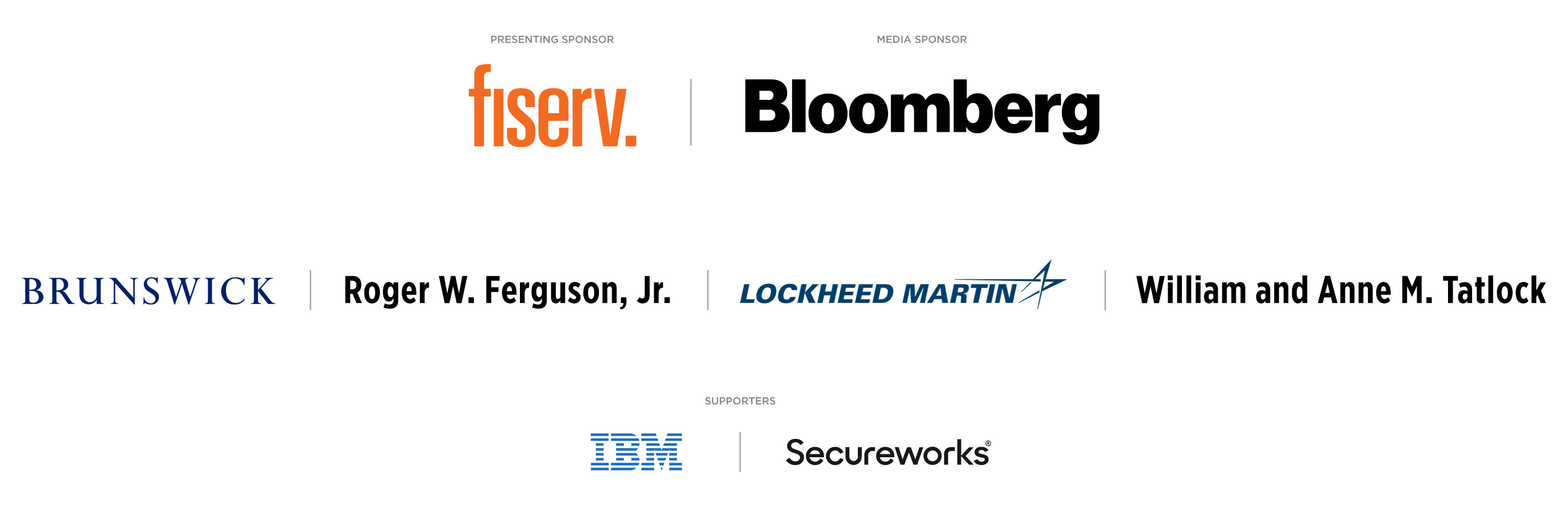 Sponsorship Graphic featuring: fiserv, Bloomberg, Brunswick, Roger W. Ferguson Jr, Lockheed Martin, William and Anne M. Tatlock, IBM, and Secureworks 