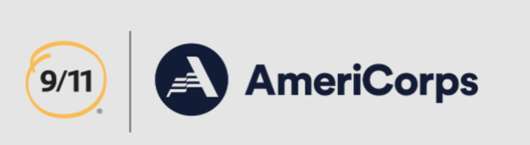 Logo on left says 9/11 in blue with a yellow circle around it. Logo on right has a capital A and says AmeriCorps in dark blue. 