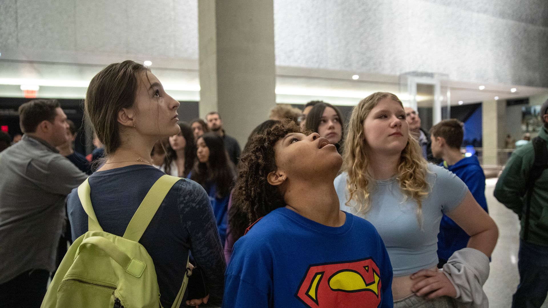 Students look up at an artifact in the Museum 