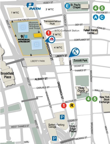 A street map of lower Manhattan pinpoints the location of the 9/11 Memorial & Museum, as well as other landmarks, parking garages, subway stops, and handicap accessible locations. The map clicks through to Google Maps.