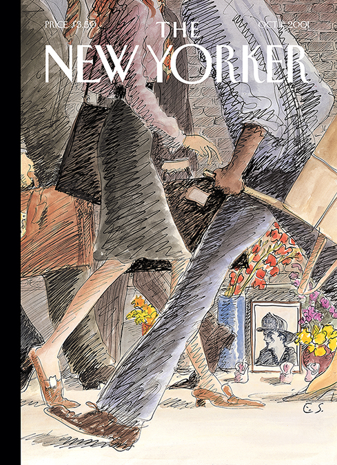 An illustrated cover of the New Yorker magazine depicts the lower half of pedestrians rushing past a memorial set up to a firefighter. The memorial includes a photo of the firefighter and many flowers.