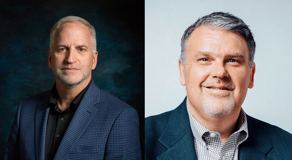 A composite image of two professional headshot photographs. On the left, a man with gray hair and a navy blazer stands in front of a black background. On the right, a man with salt-and-pepper hair smiles in front of a gray background.