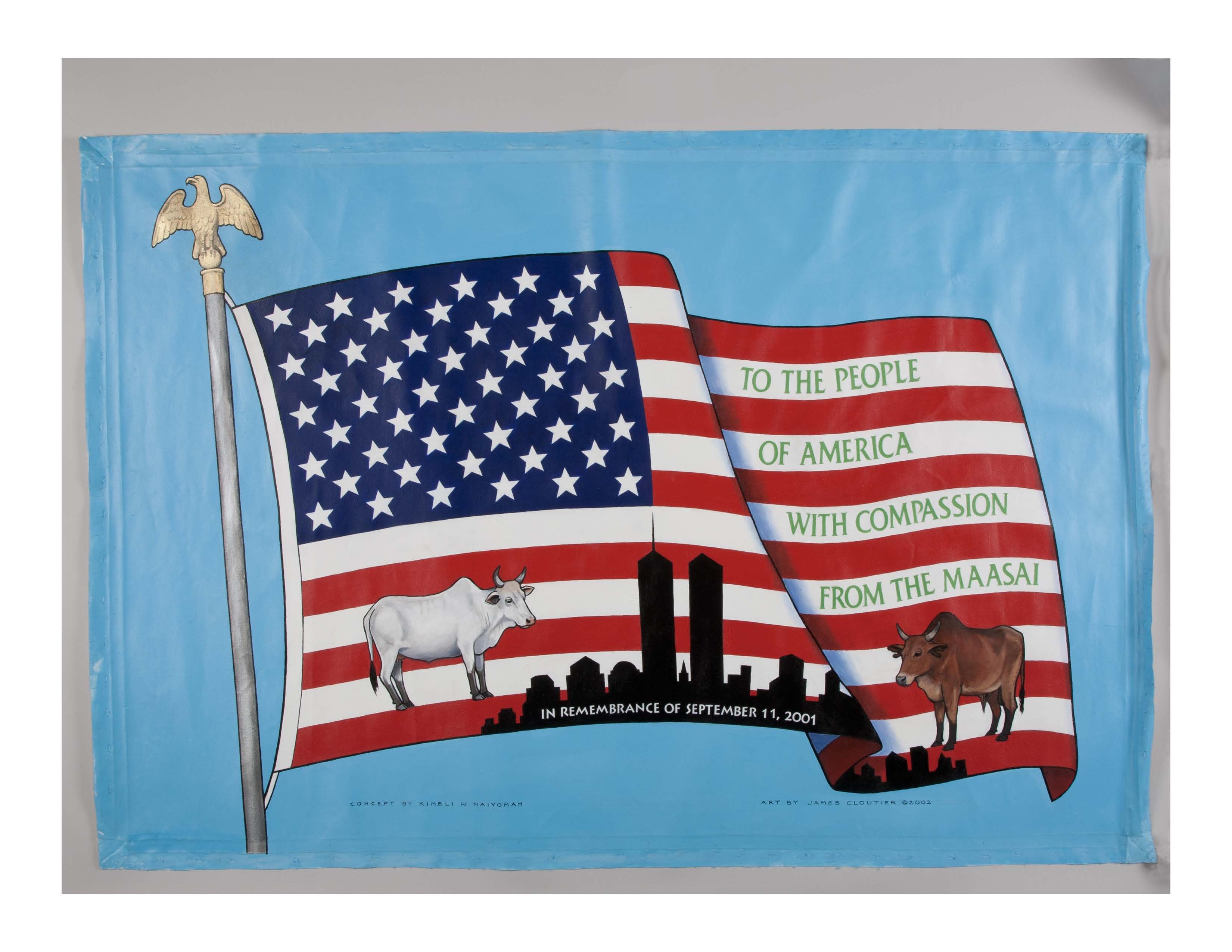 An illustrated American flag is adorned with the skyline of New York and two cows, plus a message of support for the people of America.