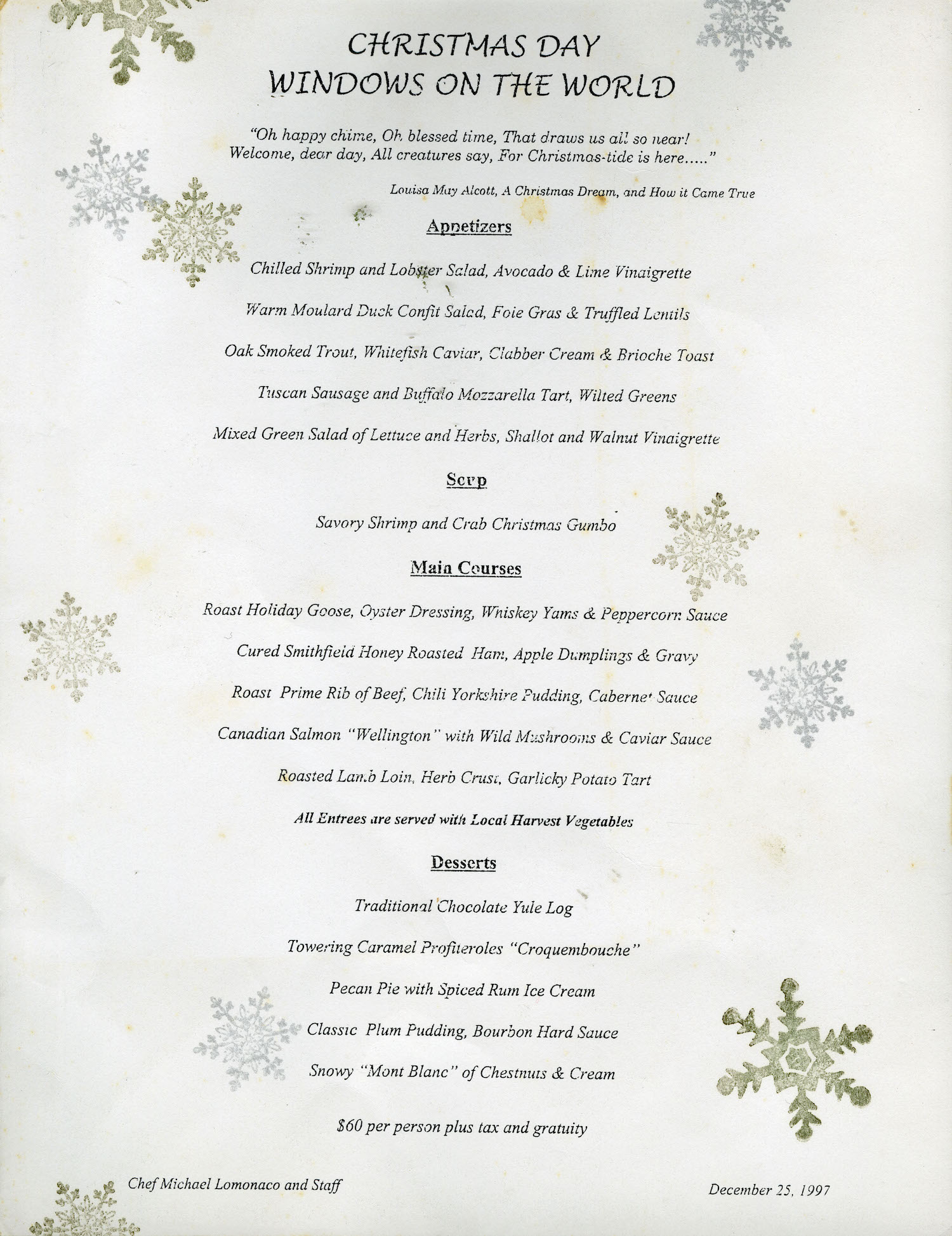 A single page holiday dinner menu, cream background with sage green snowflakes and black print