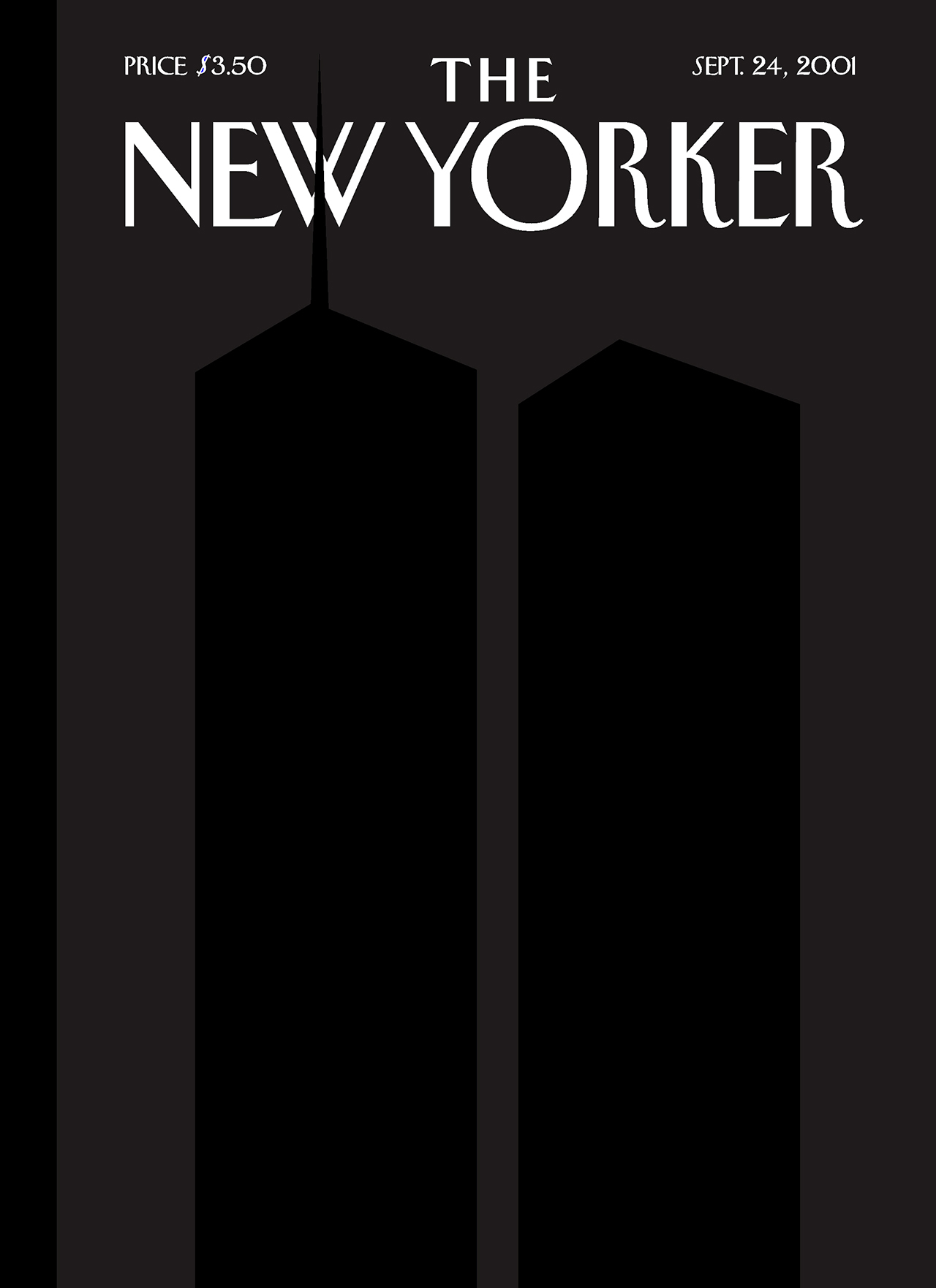 An illustrated cover of the New Yorker magazine released shortly after 9/11 depicts a silhouetted Twin Towers on a dark gray background.