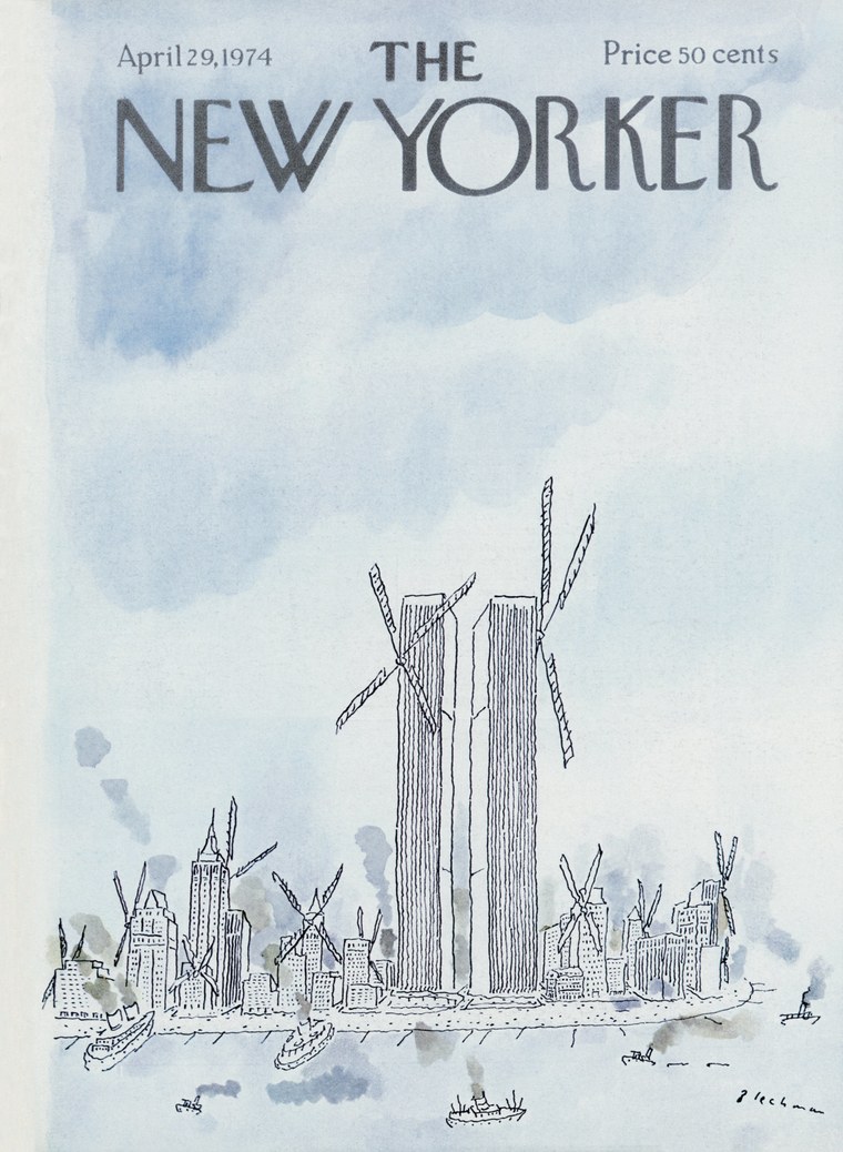 An illustrated cover of the New Yorker magazine from 1974 depicts the Twin Towers and other buildings on the Manhattan skyline as windmills, a reference to New York’s Dutch origins.