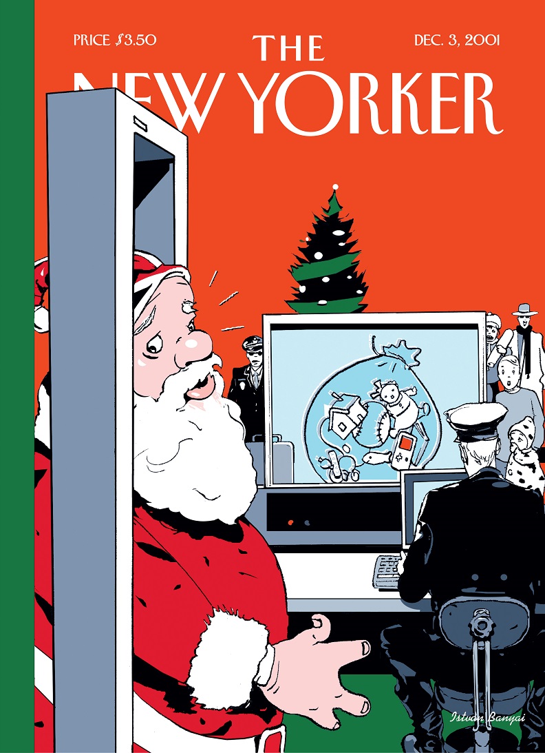 An illustrated cover of the New Yorker magazine depicts a Santa Claus passing through a metal detector at a security checkpoint. An officer observes the contents of his bag as it displays on a baggage screening monitor. A Christmas tree is in the background.