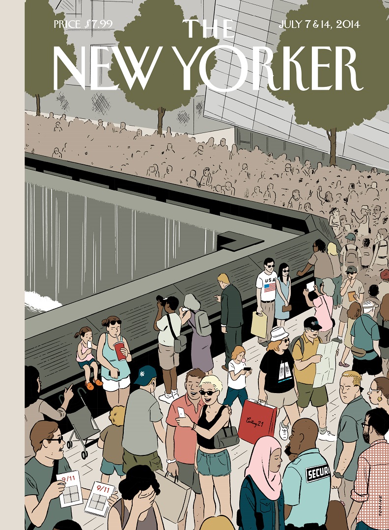  An illustrated cover of the New Yorker magazine depicts a newly opened Memorial Plaza. The Plaza is crowded with people taking photos and showing a range of emotions.